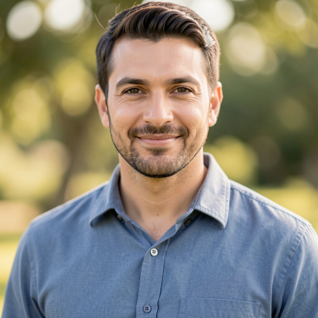 Male editorial portrait, soft natural light, thoughtful expression, professional composition