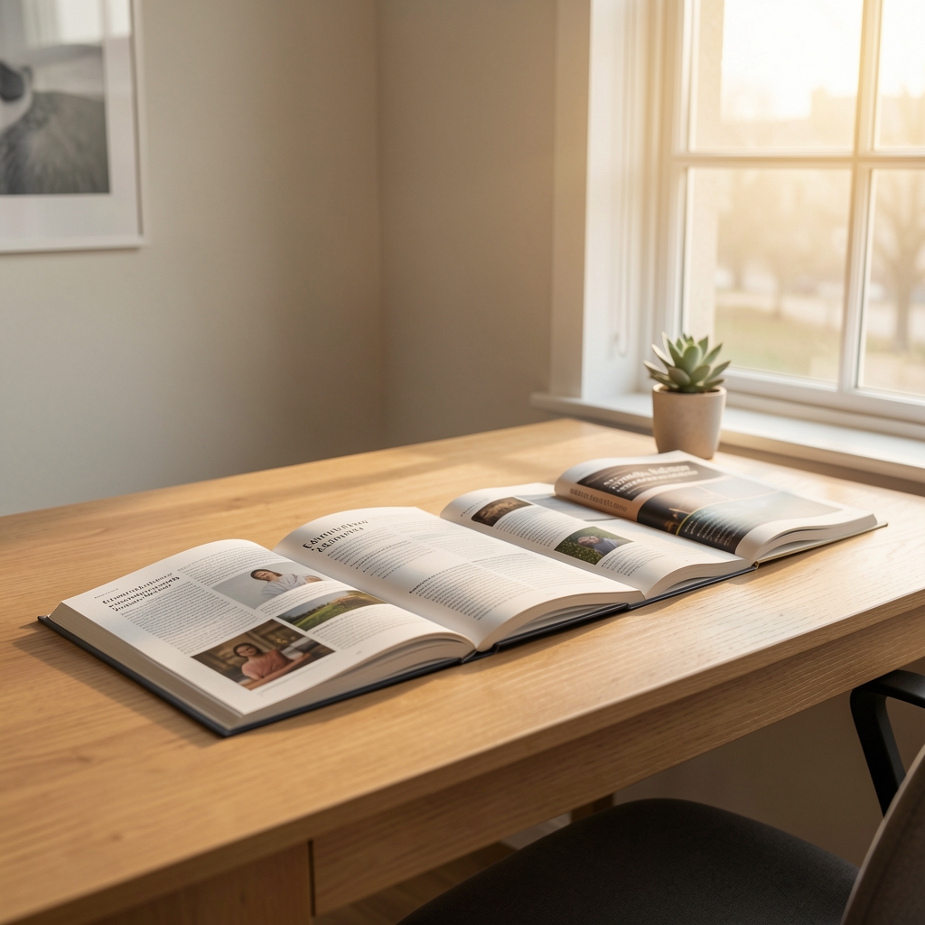 Editorial workspace with open wellness research journals, warm natural light through a window, minimal desk composition
