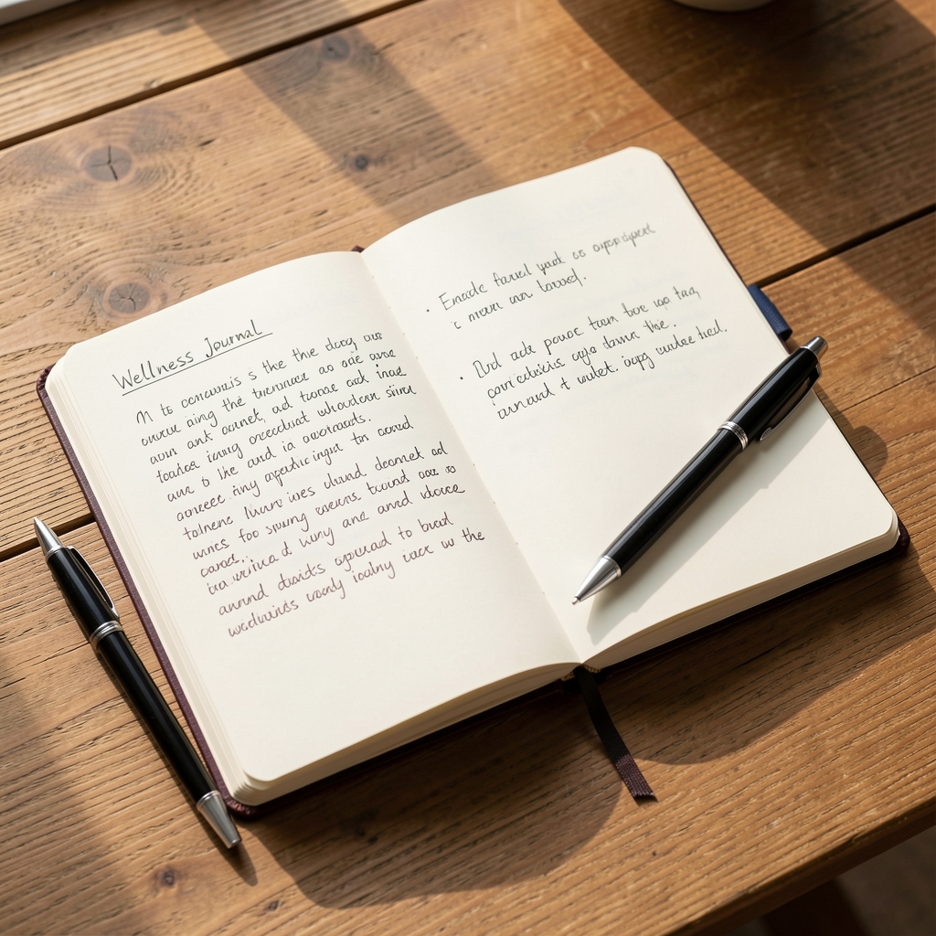 Open wellness journal with handwritten observations on a wooden desk, morning light, pen resting beside notebook, editorial flat lay