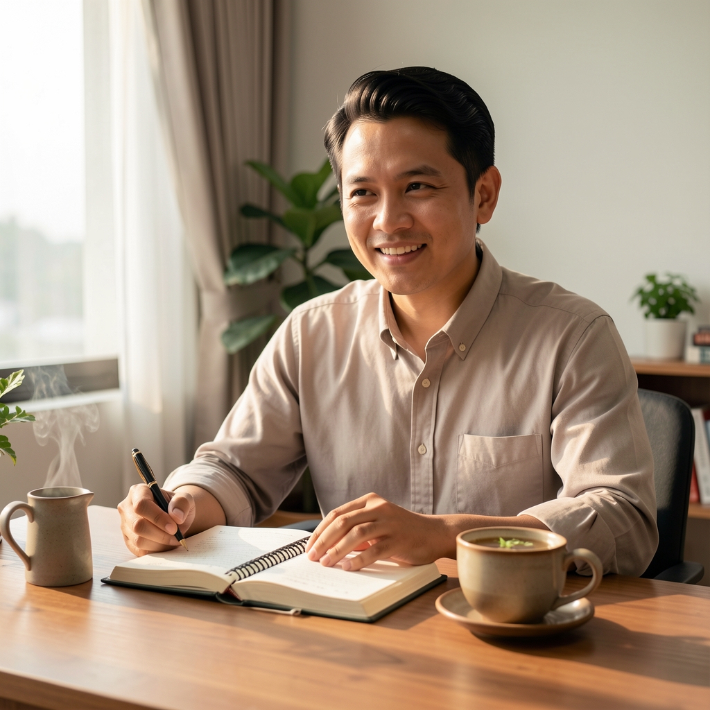 Malaysian man sitting with a wellness journal and warm herbal tea on a wooden desk, soft morning light, editorial composition