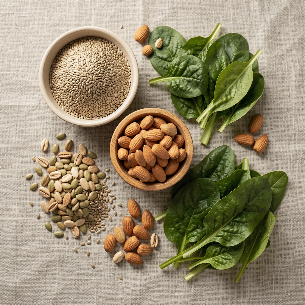 Colourful Malaysian whole foods including seeds, nuts and leafy greens arranged on a neutral linen surface, overhead editorial composition
