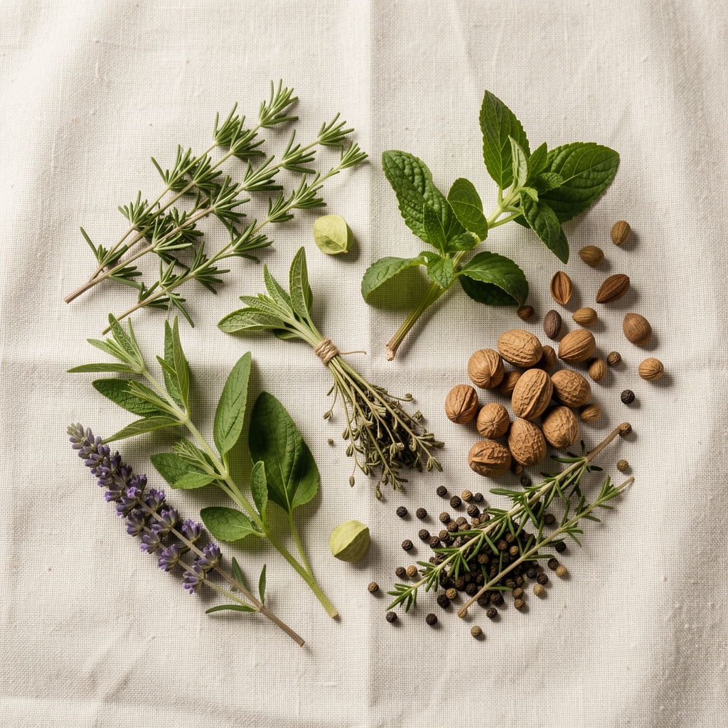 Tropical Malaysian herbs and whole spices arranged on a pale linen cloth, flat lay editorial, natural light