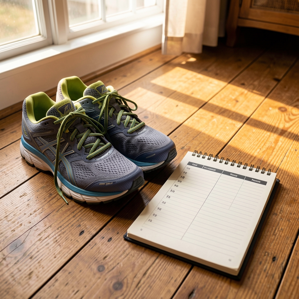 Running shoes beside a habit tracker notebook on a wooden floor, warm window light, editorial composition