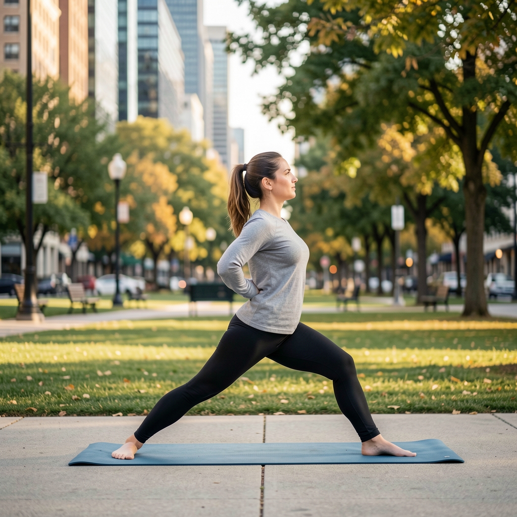 Person doing outdoor morning stretches at an urban park in Kuala Lumpur, soft early daylight, editorial movement composition