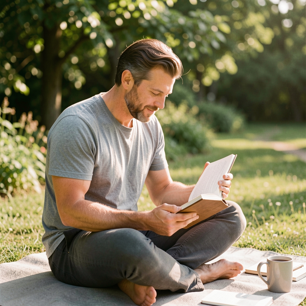 Active Malaysian man journalling his morning wellness routine outdoors in natural daylight, calm editorial composition