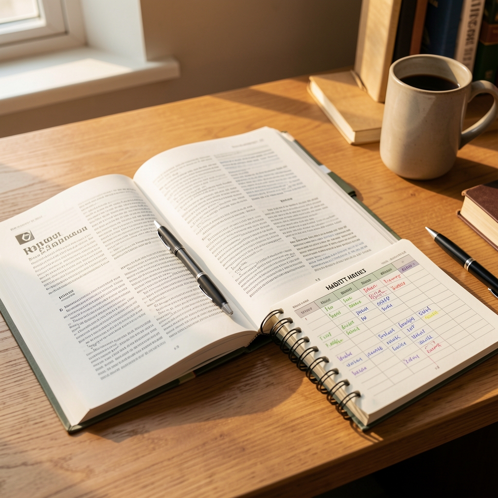 Open research journals and a habit tracker notebook on a desk with warm natural light, editorial workspace composition